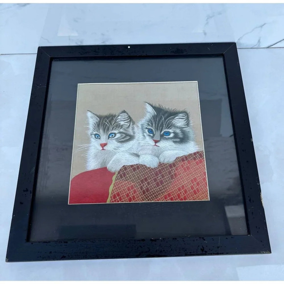 Suzhou Fine Thread Silk Embroidery Art of Two Kitten Picture Framed Handmade - Picture 1 of 11